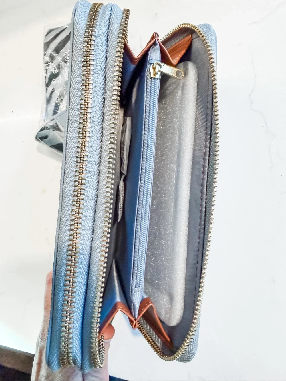 NWOT Joy Mangano Light Blue Leather Wristlet Wallet with Zebra Strap